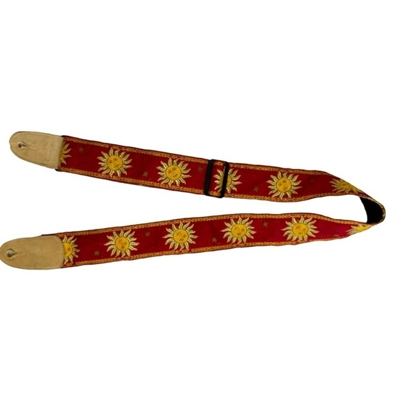 Levy’s MPJG Vintage Sun Guitar Strap Red Jacquard Gold Sun with Tan Suede Ends - Picture 11 of 12